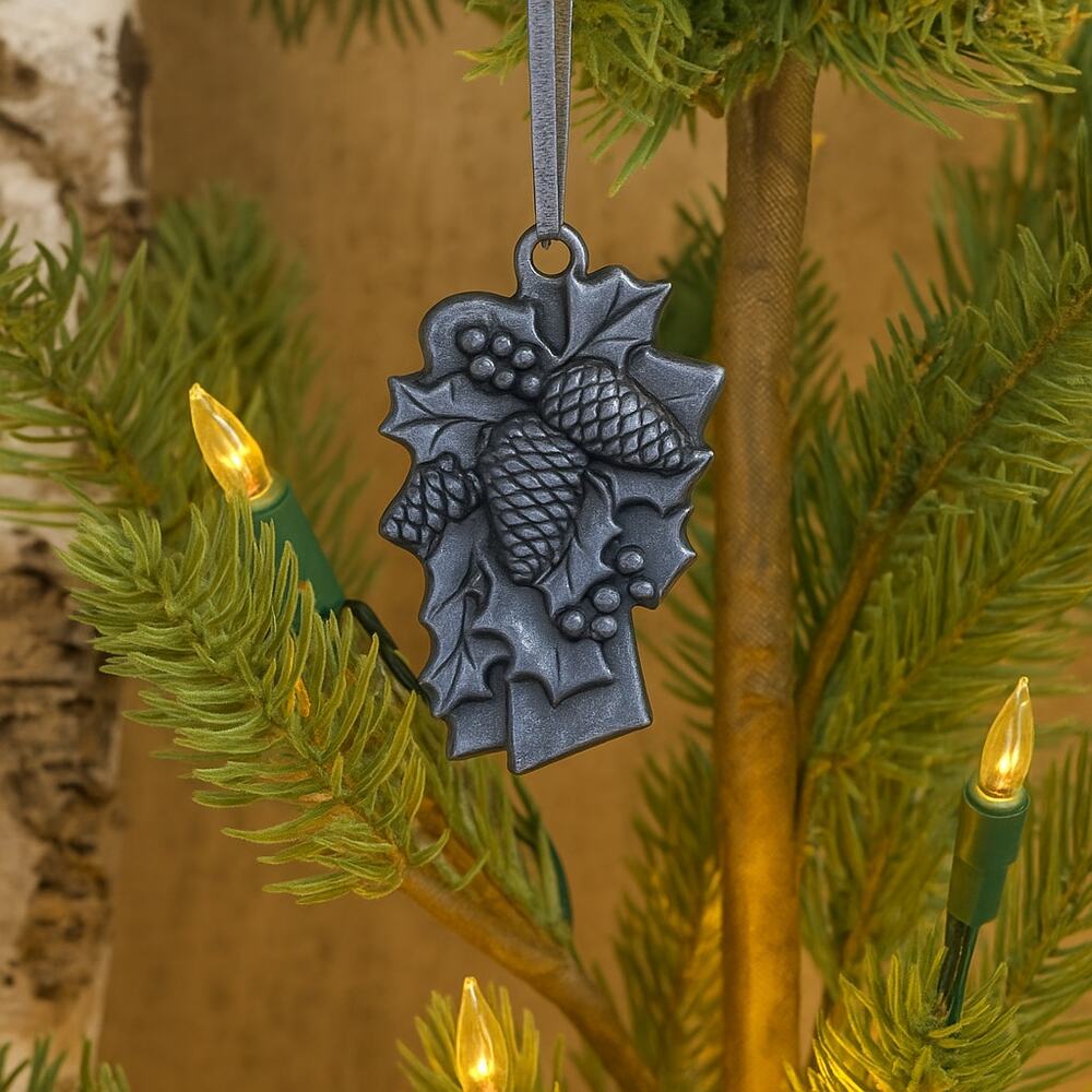 Pewter Cross with pinecones and misteltoe ornament
